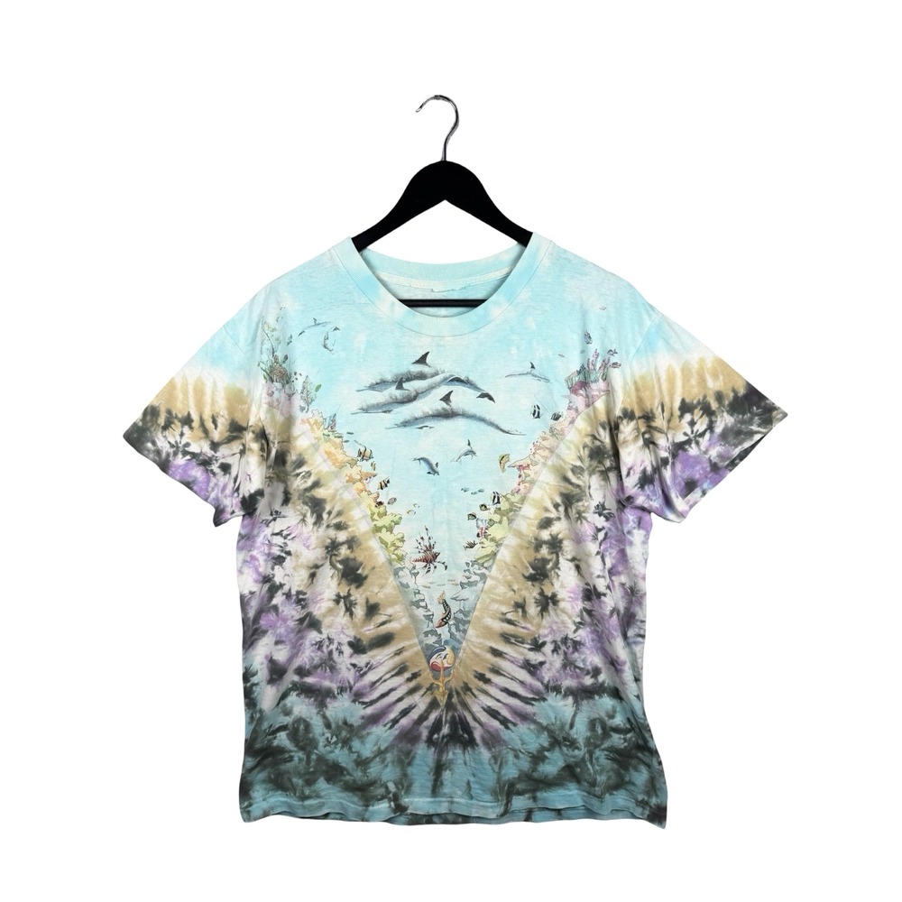 Vintage 90s Liquid Blue John Connell Tie Dye Ocean Dolphin Tee, Single Stitch